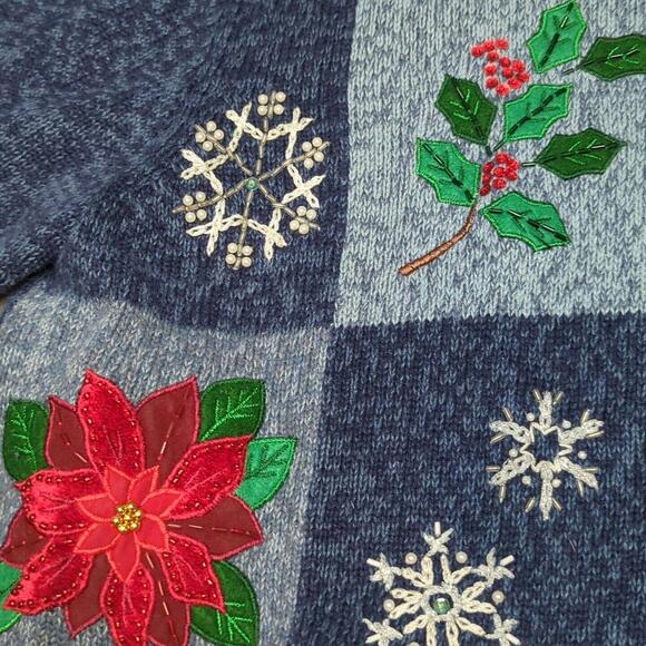 Tiara International Blue Poinsetta Christmas Sweater Vintage Y2K Embroidered - Picture 5 of 9